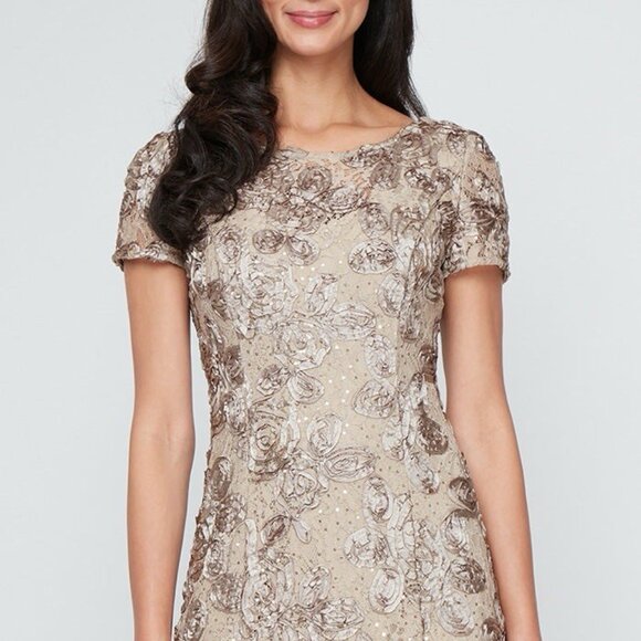 New Alex Evenings Size 12 Beige Embellished Lace Maxi Formal Gown Dress Rosette - Picture 3 of 11